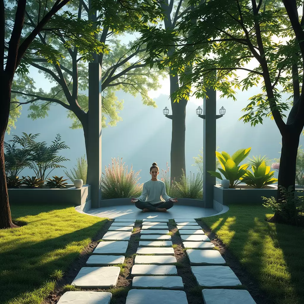 A tranquil meditation space featuring a smooth stone path leading to a cozy sitting area, surrounded by lush greenery, calming water features, and fragrant plants, evoking feelings of peace and mindfulness.