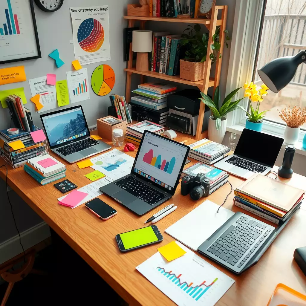 A vibrant and organized workspace showcasing laptops, colorful sticky notes, SEO strategy books, and creative charts related to digital marketing and link building.