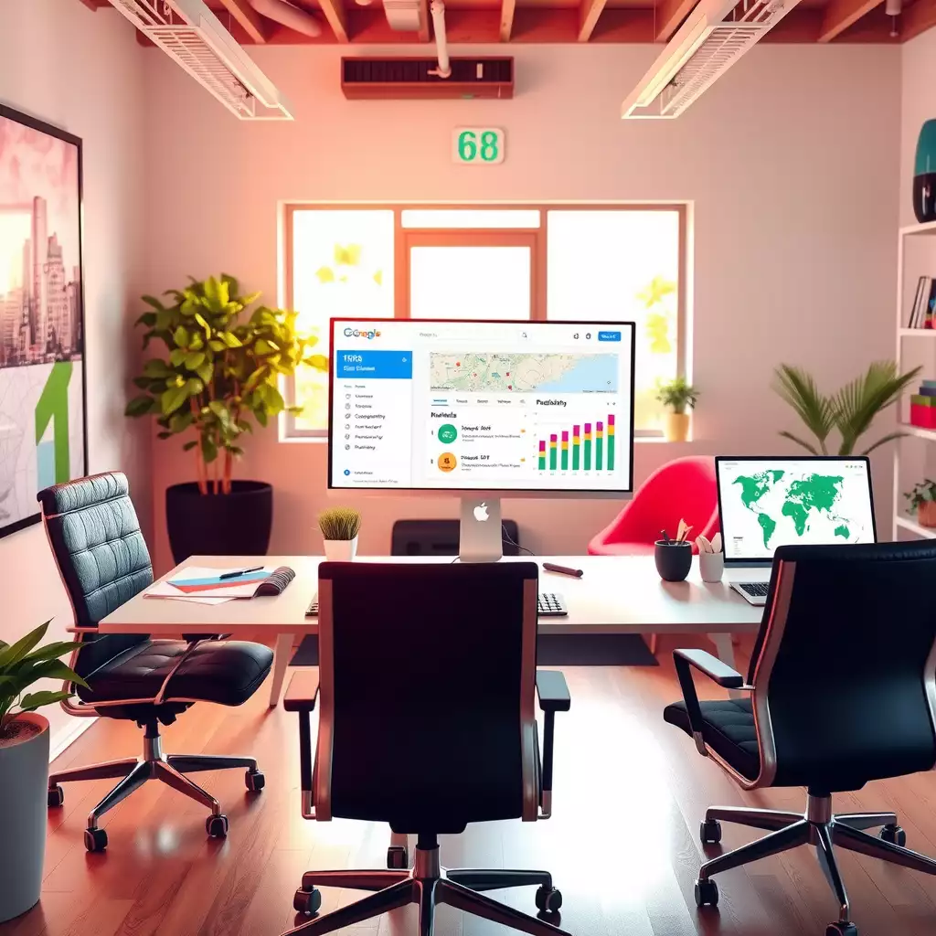 Dynamic workspace showcasing local SEO mastery with computer screens displaying analytics, colorful charts, and creative workstations featuring maps and branding materials.