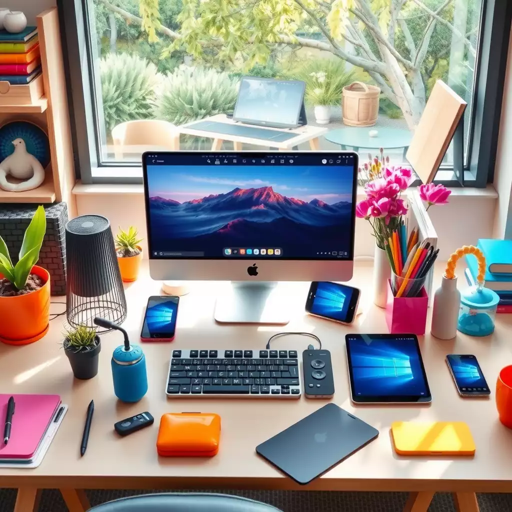 A dynamic workspace showcasing modern mobile devices and colorful content creation tools, reflecting creativity and productivity in mobile content creation.