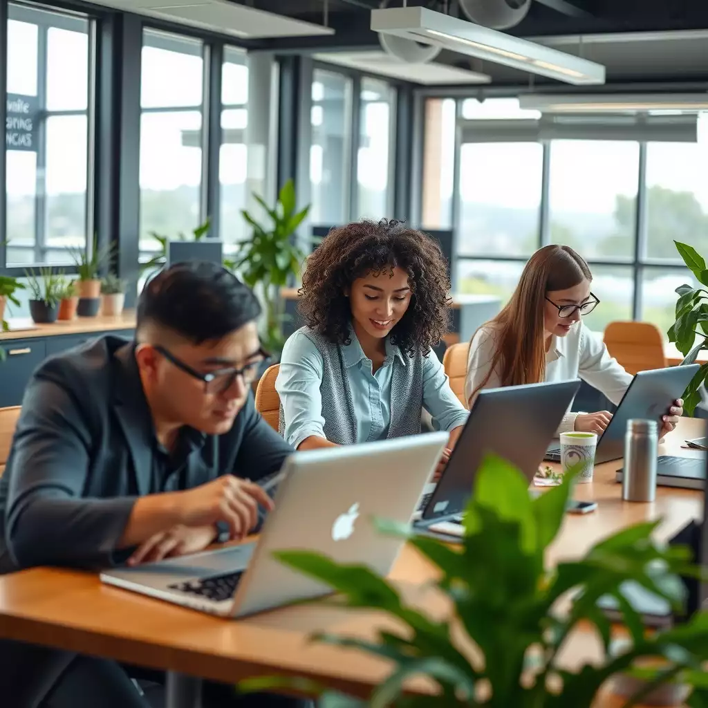 A modern office workspace with professionals collaborating over laptops and smartphones, featuring mobile design mockups and charts, surrounded by greenery.