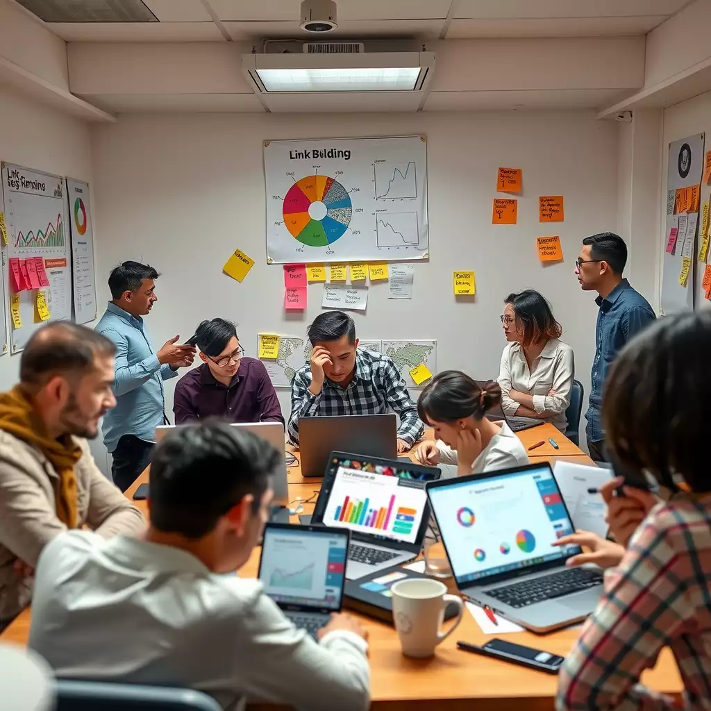 A vibrant digital workspace featuring diverse professionals collaborating over laptops, analyzing SEO strategies with charts and infographics, surrounded by sticky notes and a creative atmosphere.