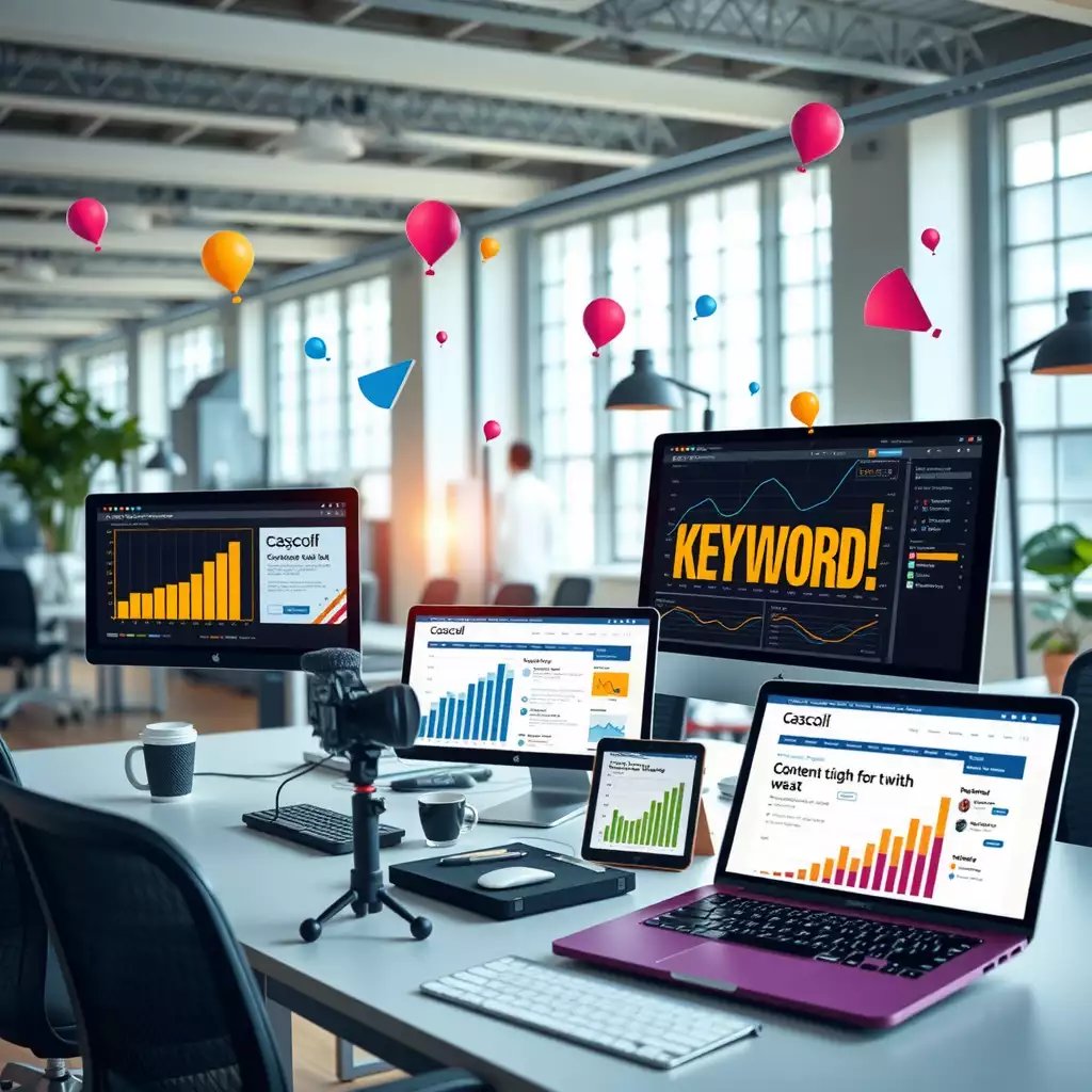 A vibrant modern workspace showcasing digital devices with graphs and website designs, symbolizing on-page SEO strategies and optimization tools.