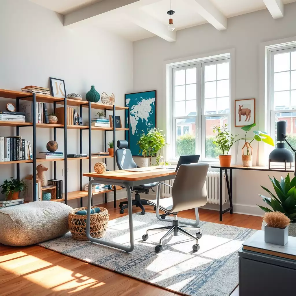 Stylish home office featuring an ergonomic desk, organized shelves with books and decor, and effective lighting, all bathed in natural light.