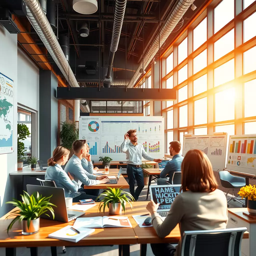 Dynamic modern workspace showcasing digital marketing strategy with team collaboration, advanced technology, keyword analytics on laptops, and inspiring decor.