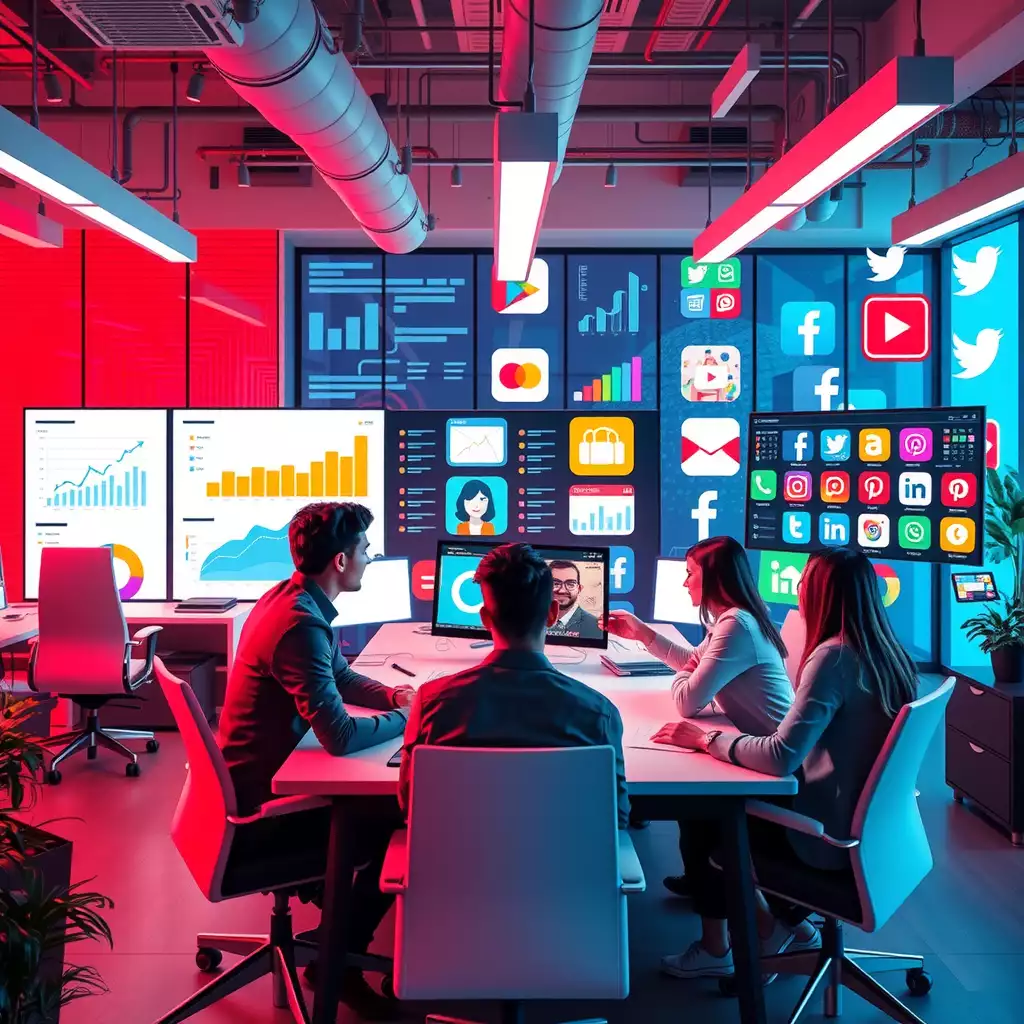 Dynamic digital workspace showcasing social media marketing success, featuring vibrant colors, collaborative team members, multiple screens with analytics, and icons of popular platforms.