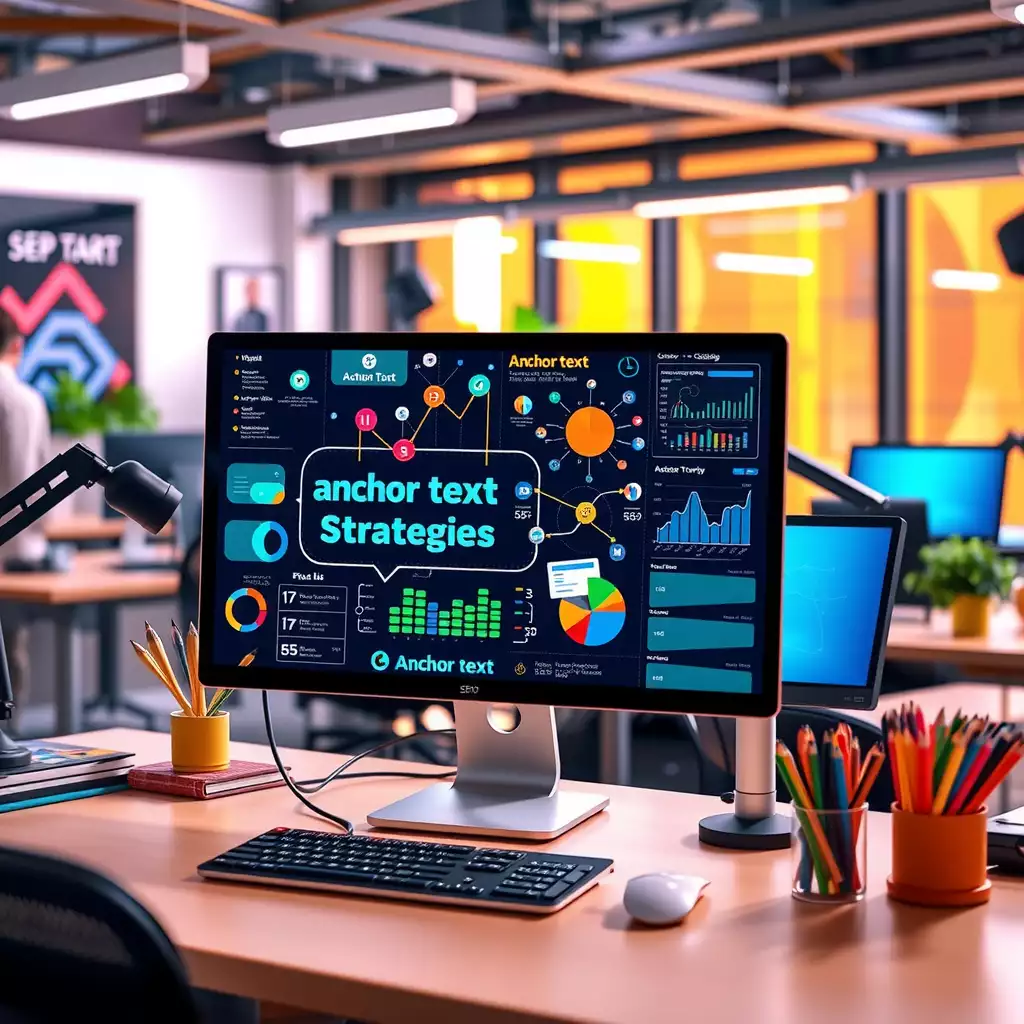 A vibrant digital workspace showcasing SEO optimization tools, featuring a computer screen with anchor text strategies, graphs, and charts in a modern office setting.