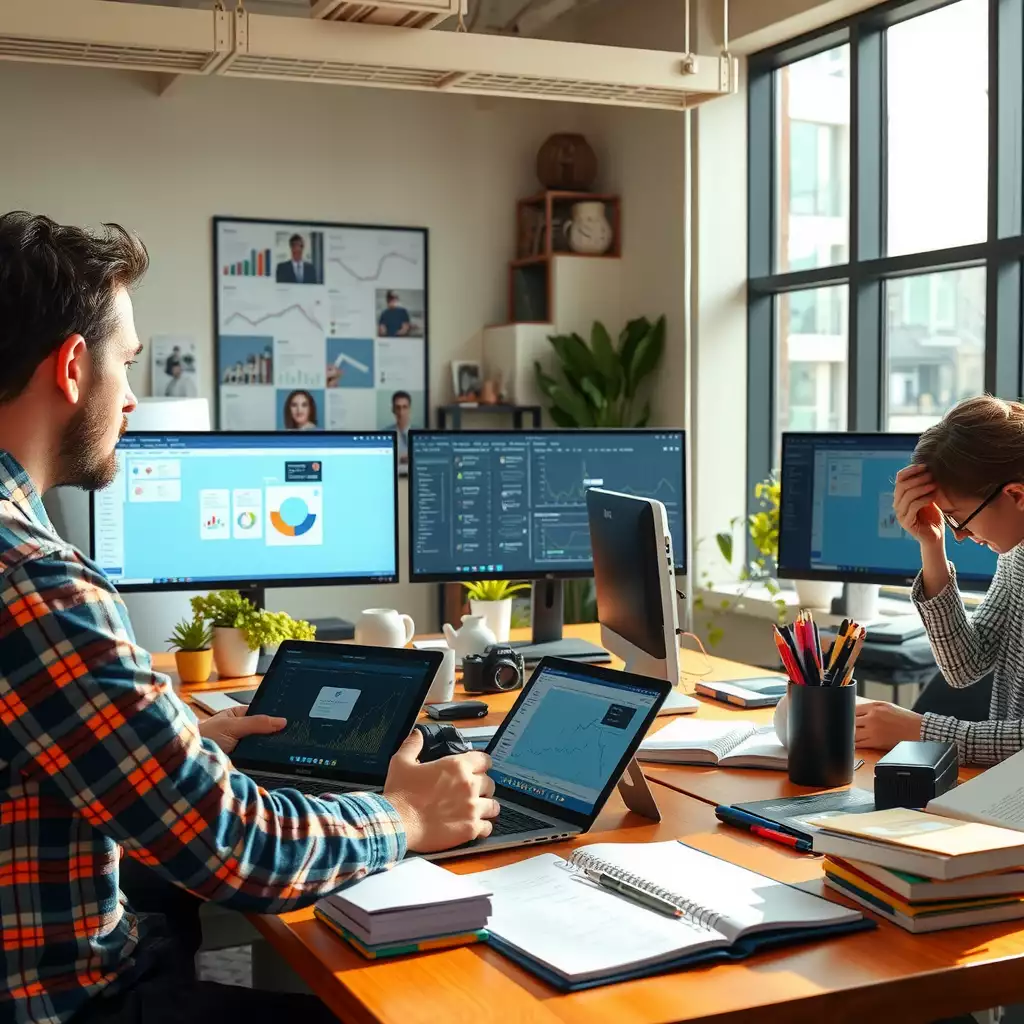 A modern office workspace showcasing a collaborative team engaged in SEO brainstorming, with digital devices displaying analytics, mind maps, notes, and books on content strategy.