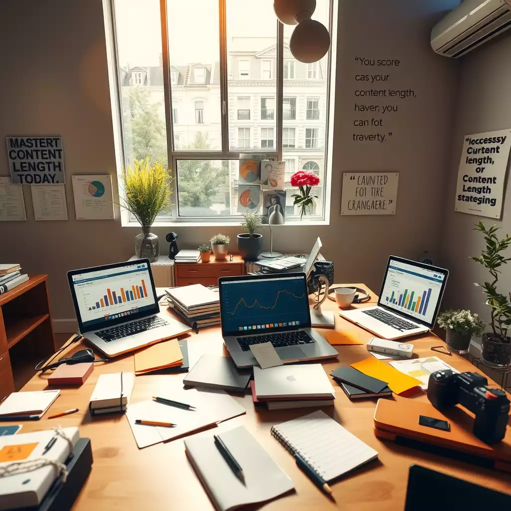 A vibrant modern workspace filled with digital marketing tools, featuring a cluttered desk with laptops, analytics graphs, colorful charts, and motivational quotes on the walls.