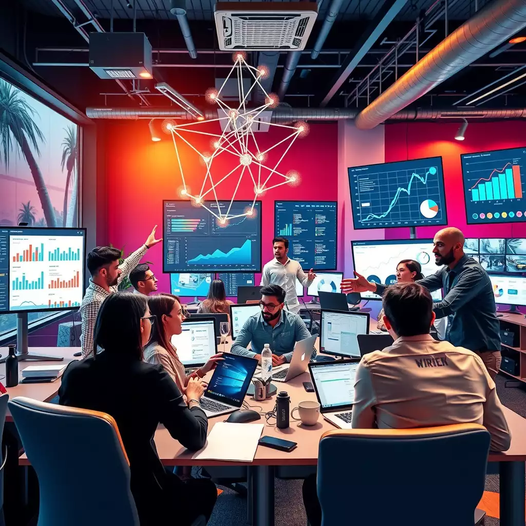 A vibrant office scene showcasing a diverse marketing team collaborating around screens filled with analytics, graphs, and interconnected lines symbolizing backlinks.