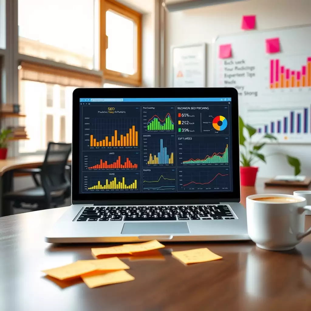 A modern digital workspace featuring a laptop with colorful graphs, sticky notes, a coffee cup, and a whiteboard filled with strategic ideas, all reflecting a productive and creative atmosphere.