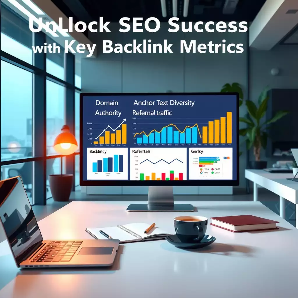 A modern office setting featuring a large screen with dynamic graphs and charts showcasing key backlink metrics, along with a laptop, notepad, and coffee cup to emphasize productivity and focus.