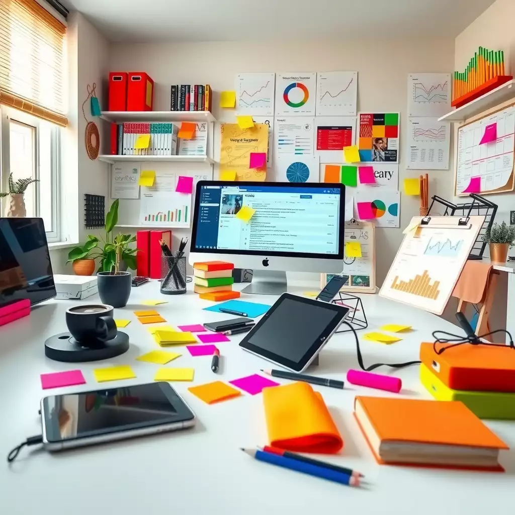 Vibrant digital marketing workspace filled with modern gadgets, colorful sticky notes, and keyword research tools, showcasing charts and graphs that represent SEO strategies.