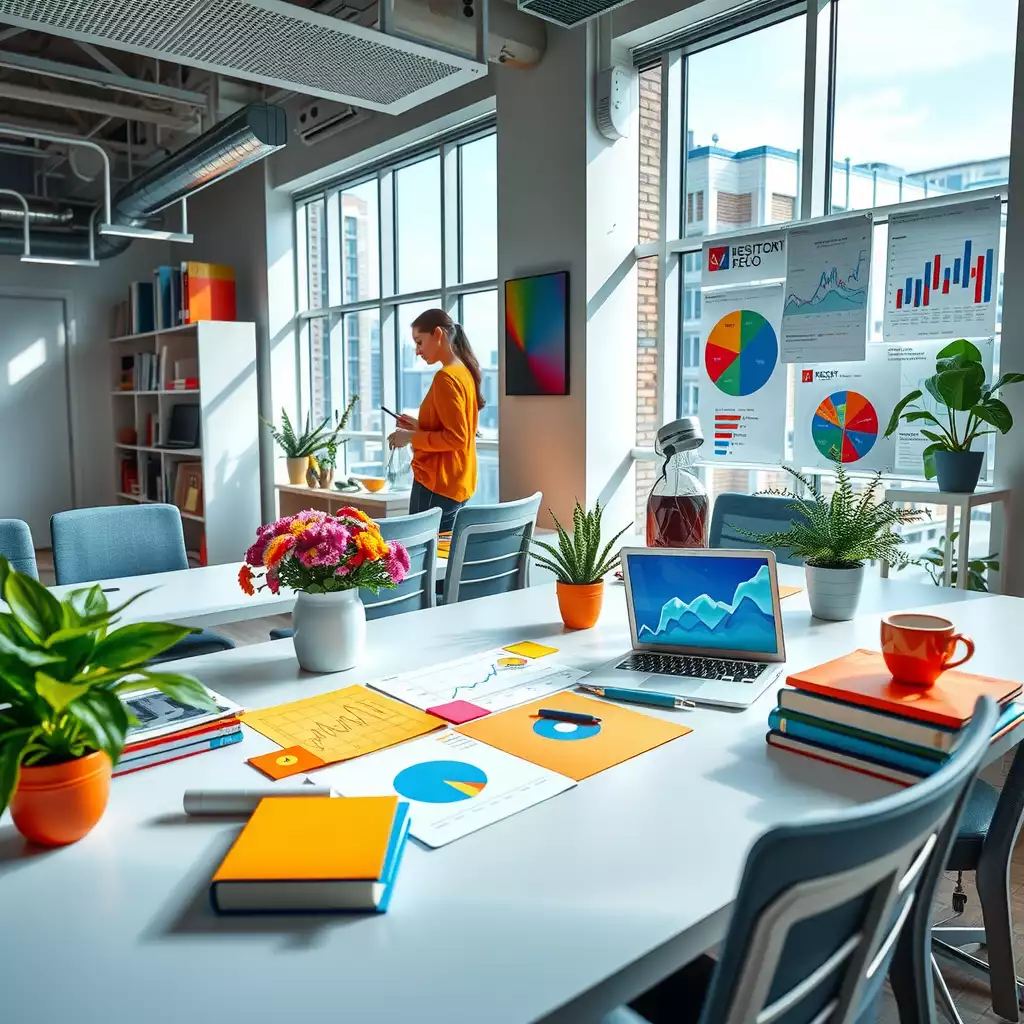 A modern office workspace featuring a sleek desk with colorful charts, graphs, and SEO books, surrounded by plants, laptops displaying analytics, and sticky notes with key SEO terms, creating an inspiring atmosphere for digital marketing success.