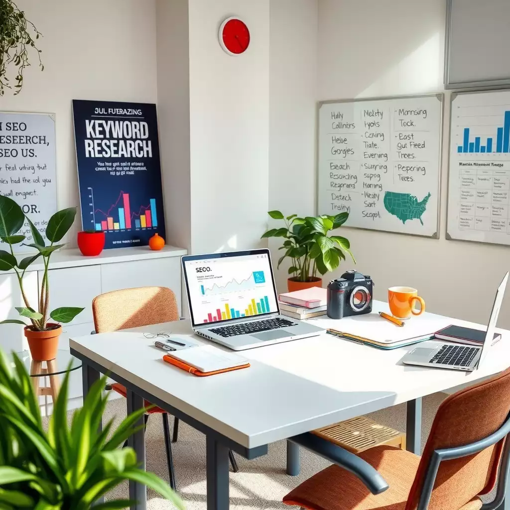 A modern SEO workspace featuring a clean desk with a laptop, notebooks, colorful charts, plants, and motivational quotes on the wall, capturing a sense of creativity and focus.