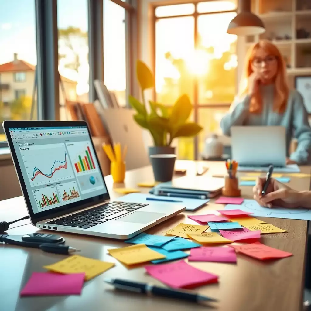 A modern digital marketing workspace featuring a sleek laptop with analytics graphs, colorful sticky notes, and elements representing connectivity and growth.