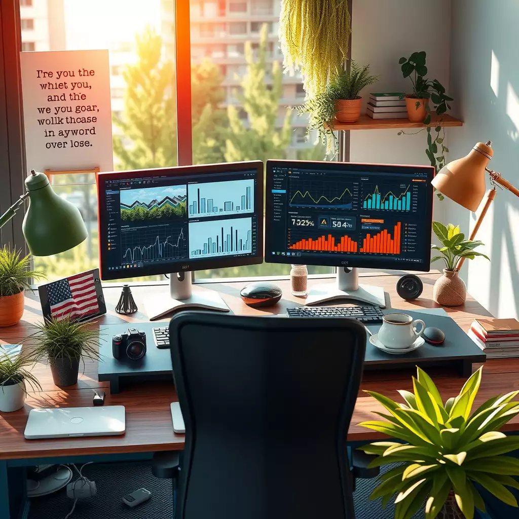 A modern workspace featuring dual monitors with analytics graphs, surrounded by greenery and motivational quotes, reflecting a vibrant atmosphere of digital marketing and SEO innovation.