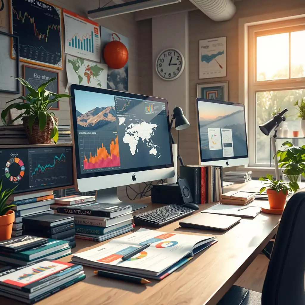 A vibrant digital marketing workspace featuring multiple screens with analytics, organized books on SEO, and colorful charts illustrating competition strategies.