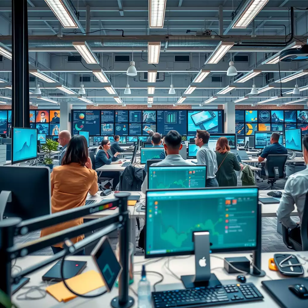 A modern workspace featuring diverse professionals collaborating on AI model training, surrounded by advanced technology and vibrant software interfaces.