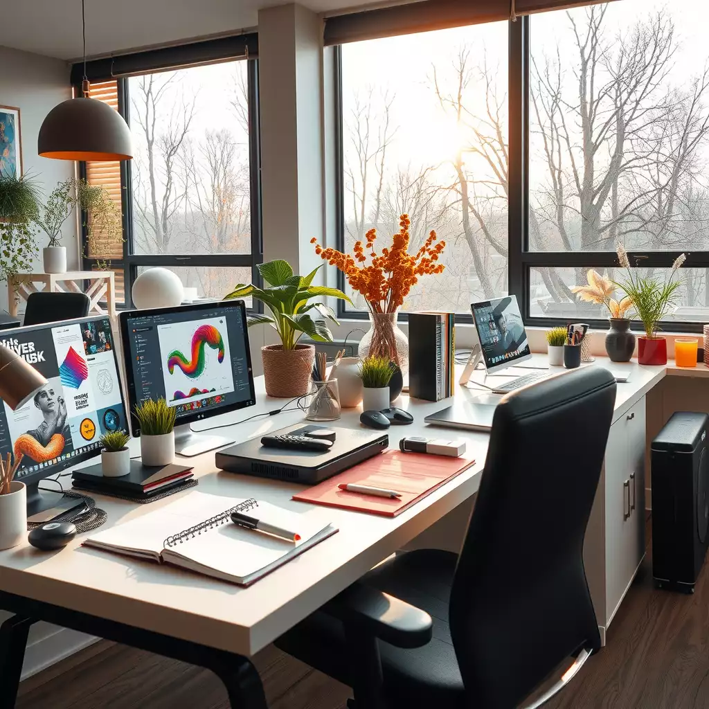 A vibrant and inspiring workspace featuring a modern desk with high-tech gadgets, colorful digital screens, creative tools, and plants, all reflecting a dynamic atmosphere of innovation and creativity.