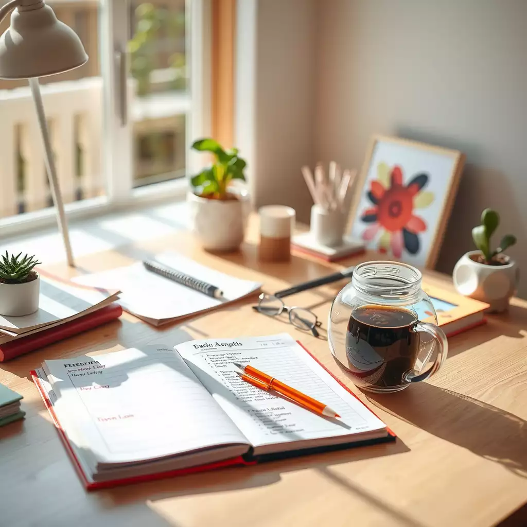 A bright and inviting workspace featuring a minimalist desk, an open planner with a to-do list, plants, and a steaming cup of coffee, all reflecting simplicity and productivity.