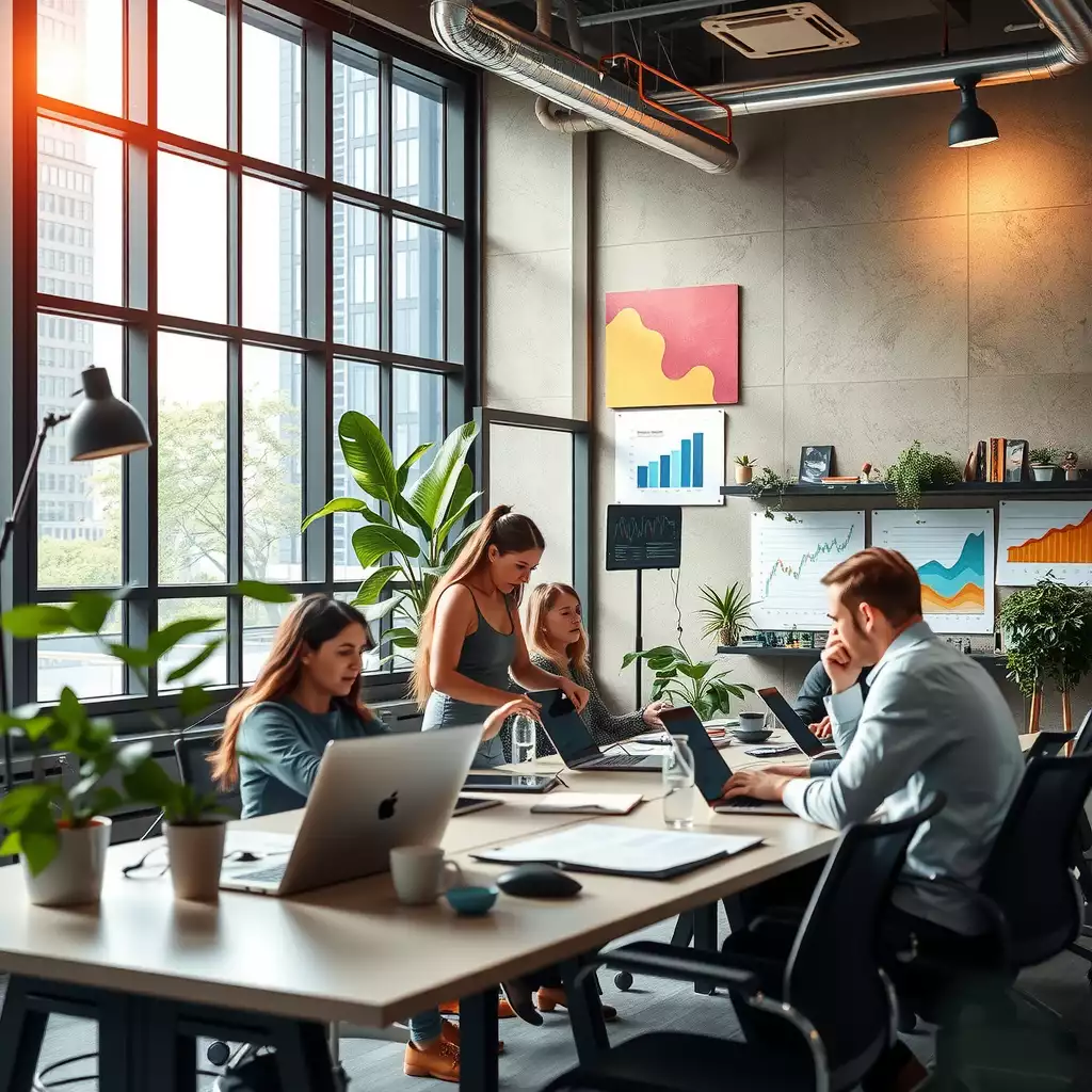 A modern office workspace featuring teams collaborating over digital devices, colorful growth charts, and motivational quotes on the walls, all bathed in natural light.