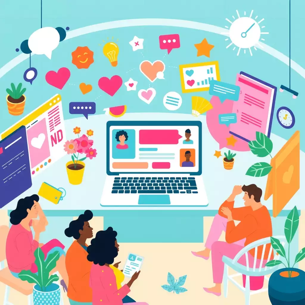 A vibrant digital illustration of a modern workspace featuring a laptop with a dating profile, surrounded by colorful design elements like heart icons and chat bubbles, capturing the essence of creativity and collaboration in online dating.