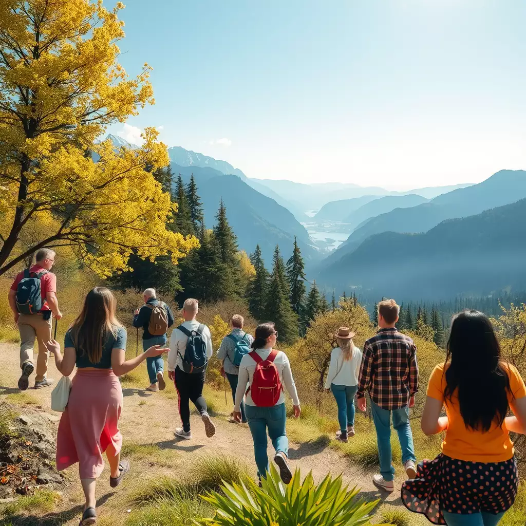 A vibrant scene depicting a diverse group of individuals engaged in activities that symbolize personal growth, including hiking, meditating, and collaborating creatively, radiating empowerment and positivity.