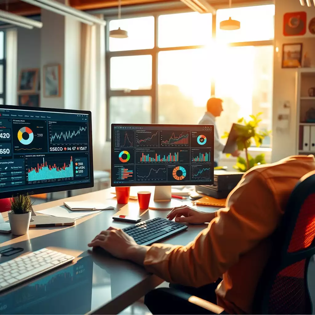 A modern digital workspace showcasing sleek computer screens with colorful graphs and data visualizations related to backlink analysis, surrounded by creative and strategic elements that convey innovation and growth in digital marketing.