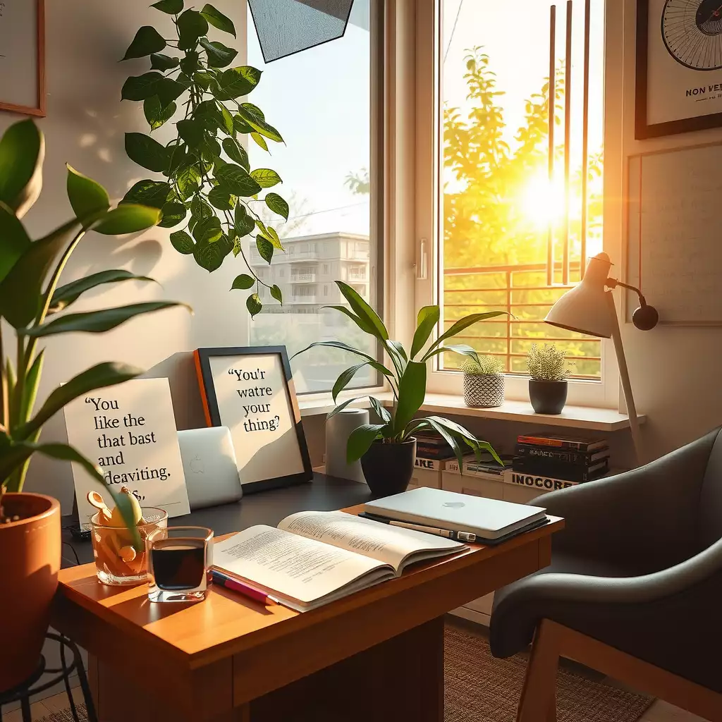 Cozy writing nook featuring sleek technology, open notebooks, motivational quotes, and lush houseplants, bathed in warm sunlight.