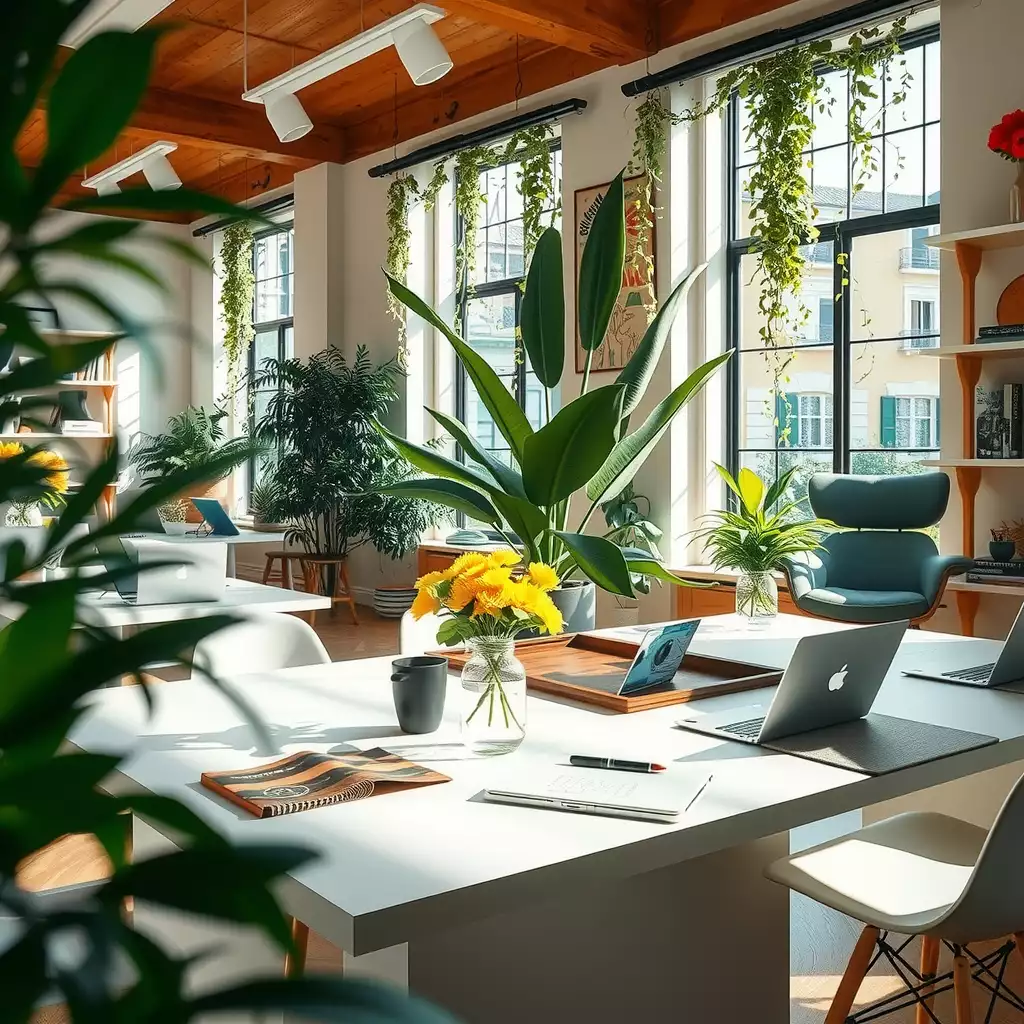 A vibrant and inspiring workspace for writers, featuring lush greenery, modern laptops, and artistic elements that highlight the synergy between technology and creativity.