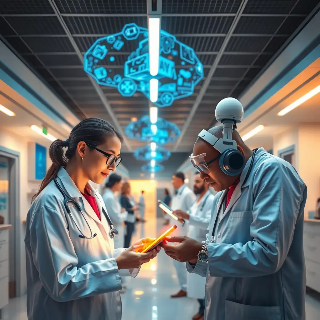 A modern healthcare facility showcasing the integration of artificial intelligence in patient care, with doctors using advanced technology, patients interacting with smart devices, and diverse healthcare professionals collaborating, all conveying a sense of innovation and compassion.