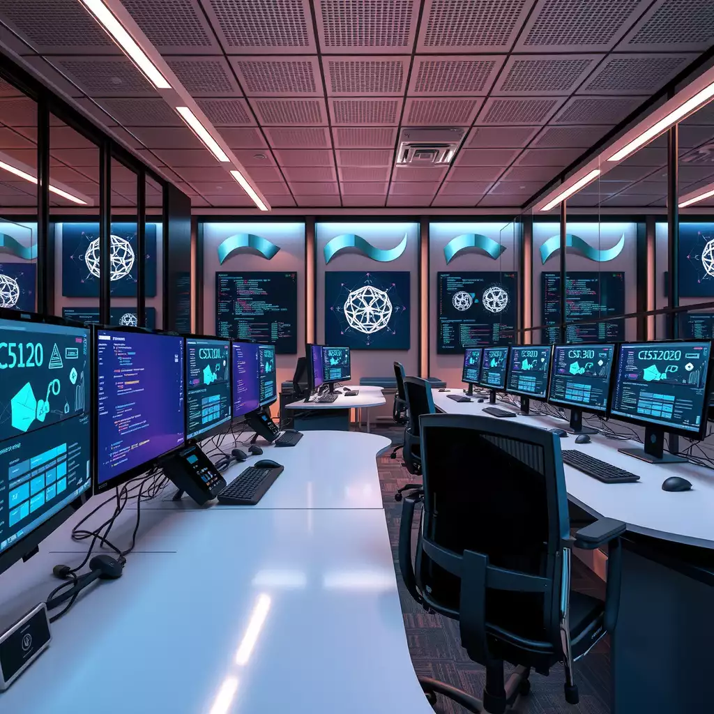 A modern high-tech workspace for AI model training, featuring multiple computer stations with vibrant data visualizations, neural network diagrams, and ambient lighting that highlights innovative design elements.