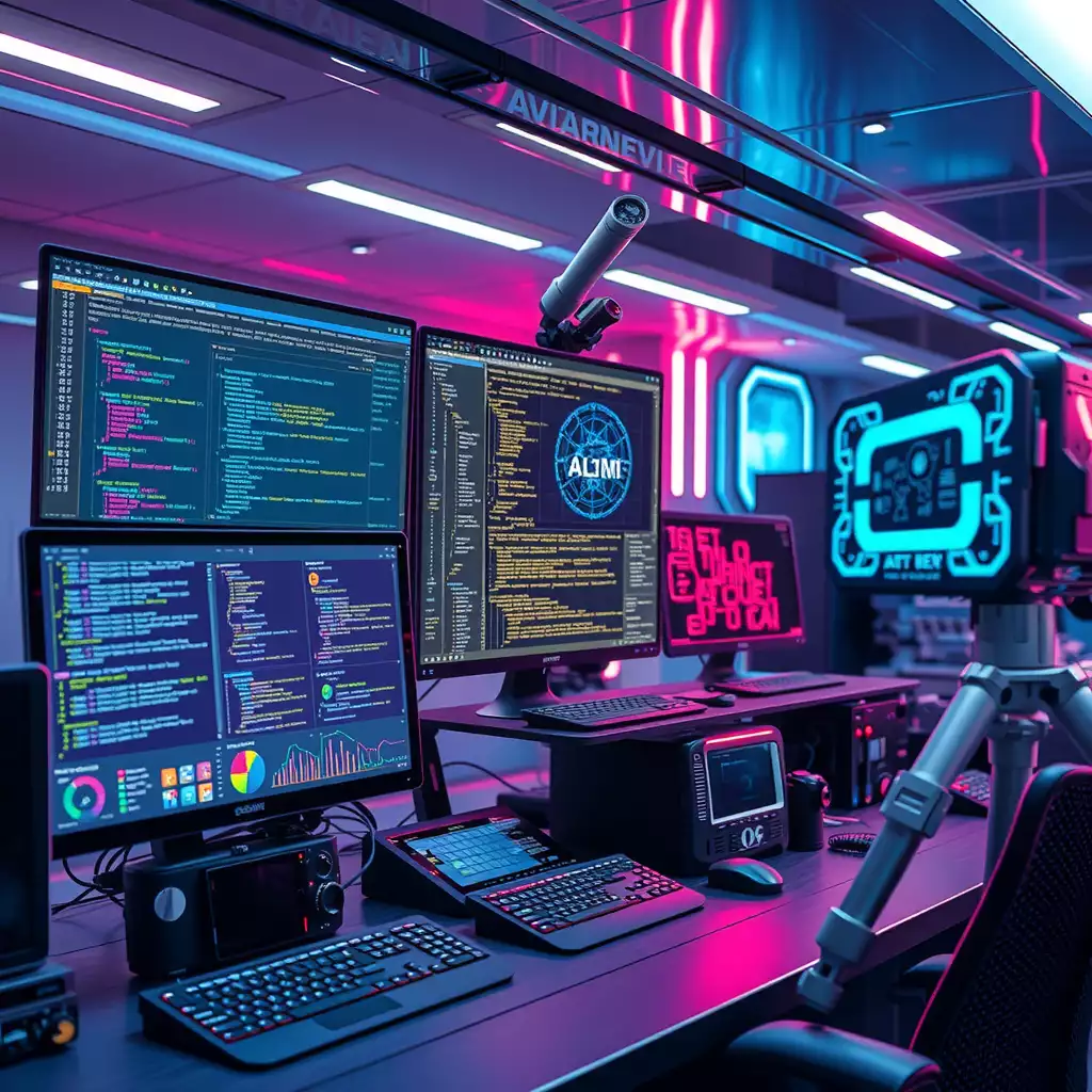 Futuristic workspace featuring advanced computer screens with data visualizations and algorithms, ambient lighting, and elements of coding and robotics, conveying innovation in AI text generation.