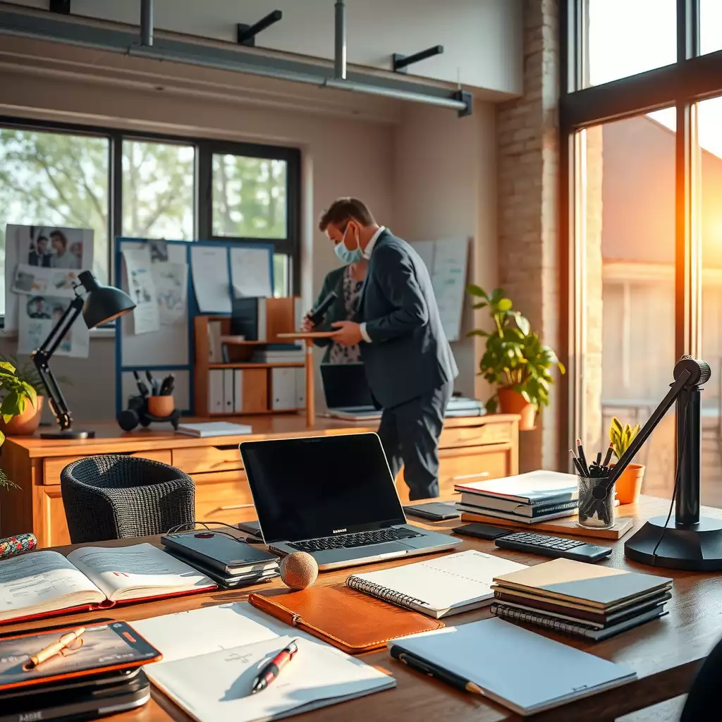 A vibrant and dynamic workspace filled with notebooks, digital devices, and brainstorming materials, illuminated by natural light, conveying creativity and collaboration in AI writing.