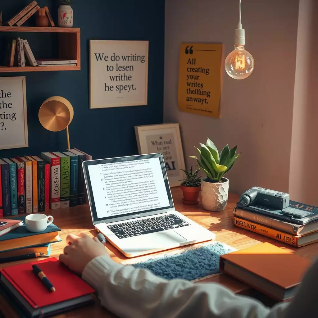 A vibrant and inspiring workspace featuring a sleek laptop with AI-generated text, colorful writing technique books, and motivational quotes on the walls, all designed to evoke creativity and growth in writing.