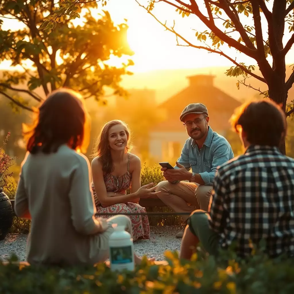 A diverse group of individuals engaged in heartfelt conversation in a serene park setting, surrounded by natural beauty, evoking warmth and connection.