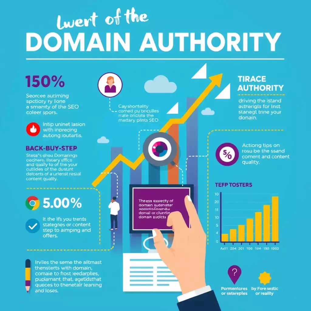 Infographic illustrating domain authority in SEO, featuring vibrant colors, bold typography, and engaging visuals like graphs and icons representing backlinks and content quality.