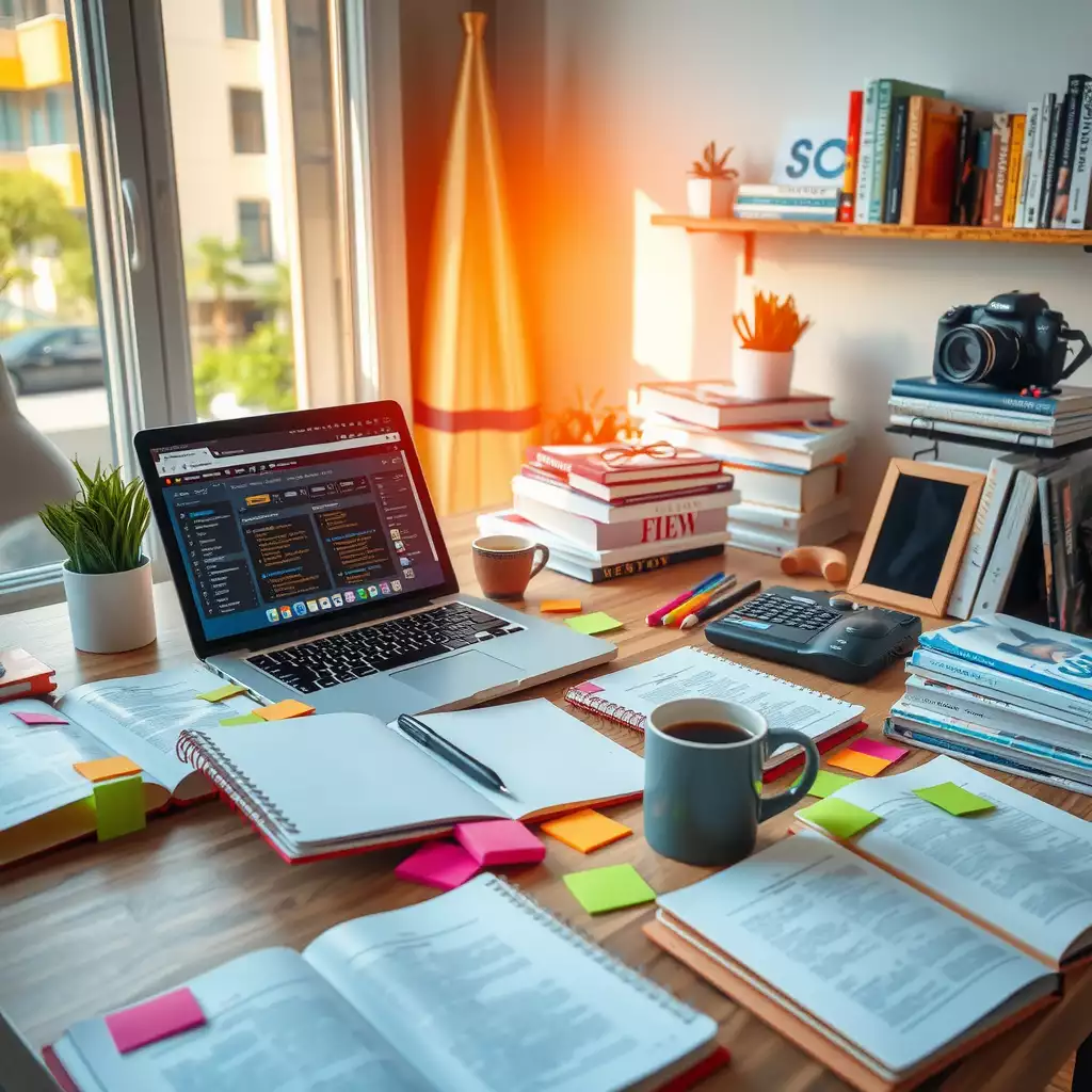 A bright and organized workspace featuring a desk with open notebooks, colorful sticky notes, a laptop displaying keyword research tools, surrounded by books on SEO and digital marketing, with a coffee cup nearby.