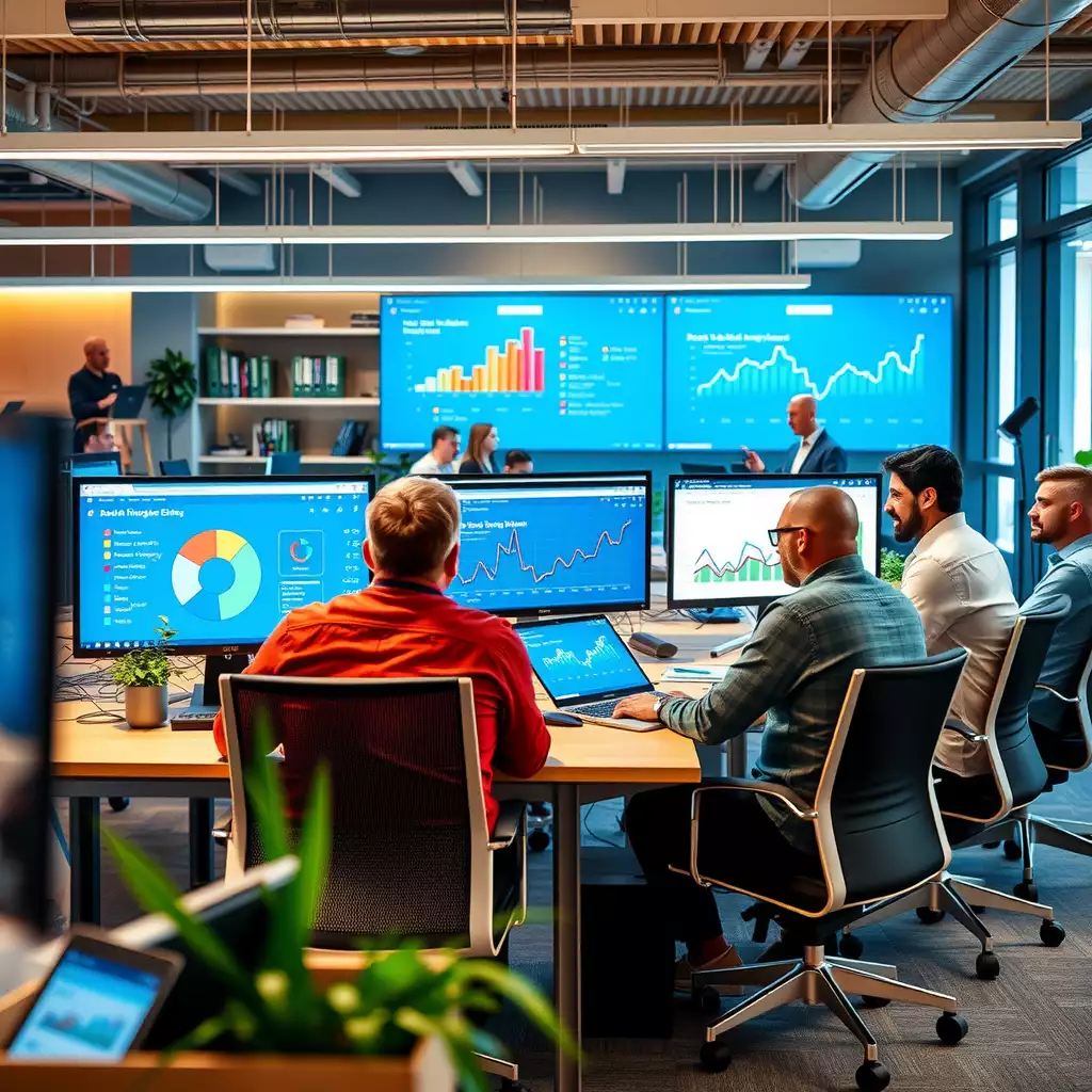 A vibrant modern workspace showcasing a diverse team collaborating on digital marketing strategies, with computer screens displaying SEO analytics and tools.