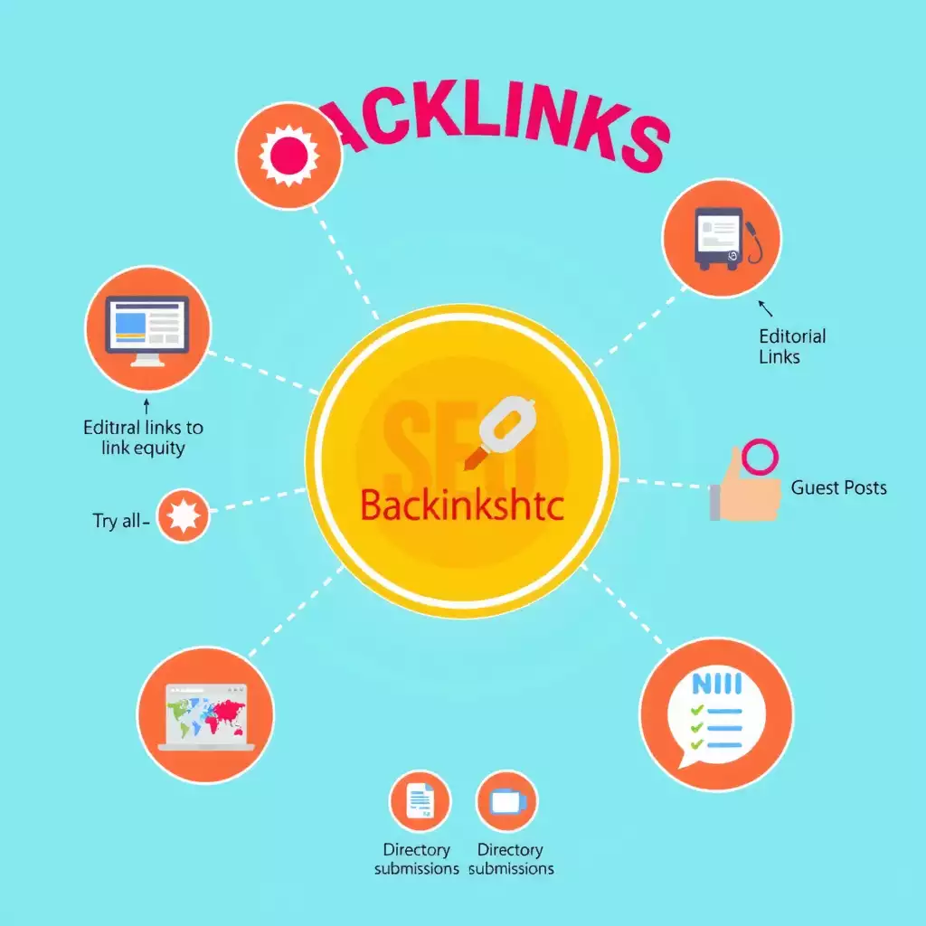 Infographic illustrating the concept of backlinks in SEO, featuring interconnected nodes, arrows showing link equity flow, and icons for different backlink types against a modern background.