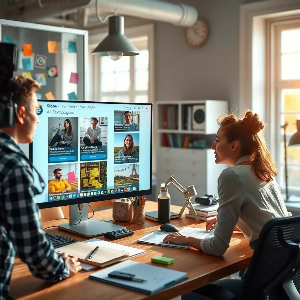 Dynamic workspace showcasing creativity and collaboration, featuring a computer screen with engaging visuals and text snippets, surrounded by colorful post-it notes and graphic design tools. Diverse individuals work together, embodying empowerment and effective communication.