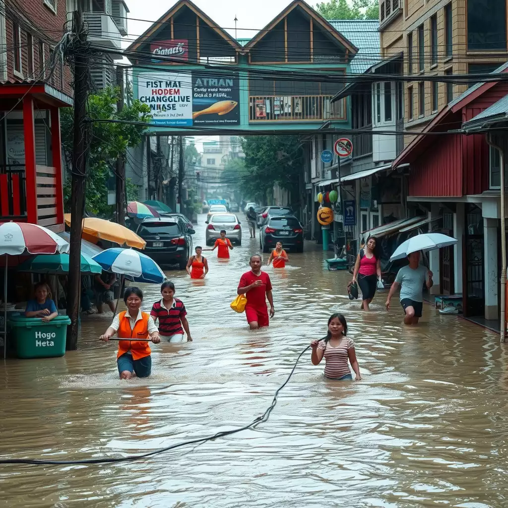 Dramatic scene of the Chiang Mai flood crisis, showcasing stranded residents and rescue efforts amid inundated streets, highlighting community resilience against rising waters.