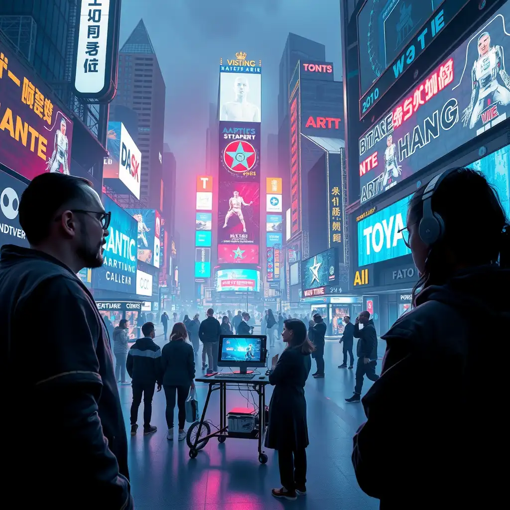 A vibrant and dynamic entertainment studio showcasing the innovative use of AI in content creation, featuring diverse creators interacting with advanced technology against a backdrop of neon lights and iconic landmarks.