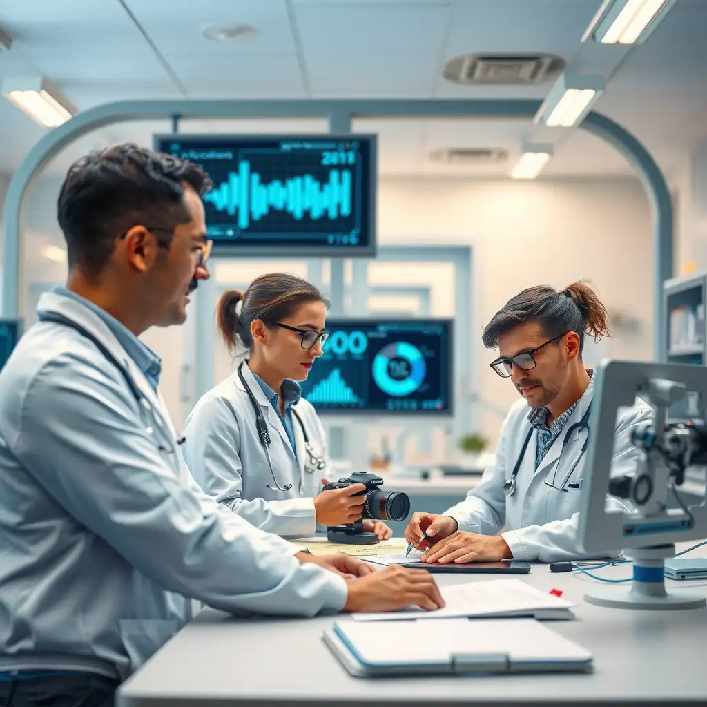 A modern healthcare workspace showcasing AI integration in content creation, featuring professionals collaborating with innovative technology and digital screens displaying data analytics in a bright, sterile environment.