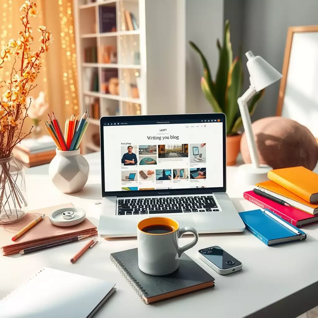 A modern workspace filled with colorful stationery, a laptop displaying a blog interface, inspirational books, and a coffee cup, all designed to evoke creativity and productivity.