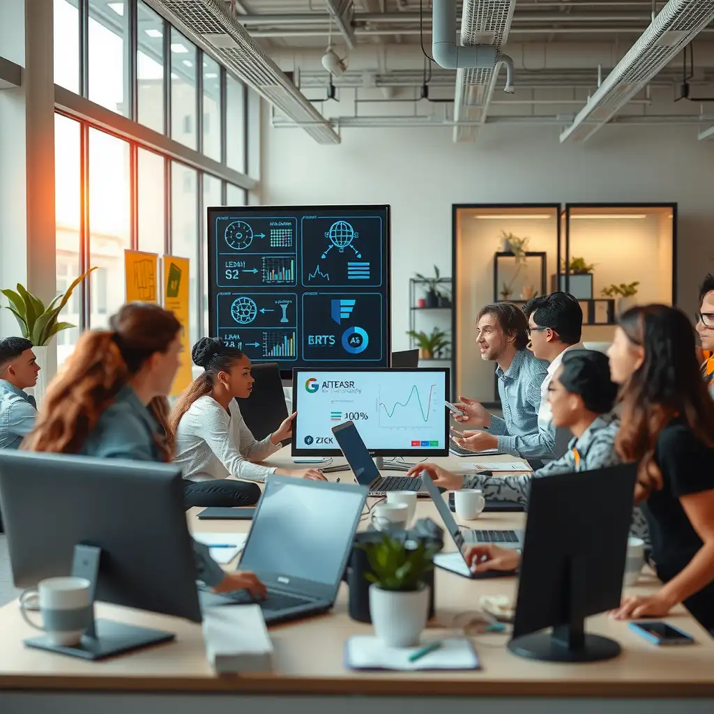 A vibrant workspace showcasing diverse professionals collaborating on AI training, surrounded by advanced tech gadgets, screens displaying data flow charts, and neural networks.