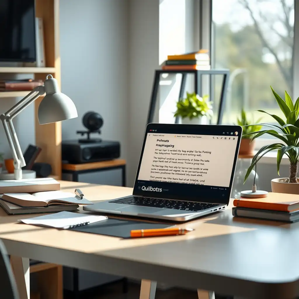 A modern home office workspace featuring a stylish desk with a laptop, books, and inspiring decor, all bathed in soft natural light.