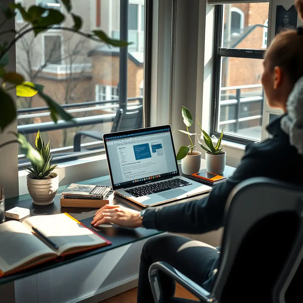 A modern workspace with a laptop, stationery, and an open book, surrounded by plants and motivational quotes, capturing a vibrant and productive atmosphere for proofreading.