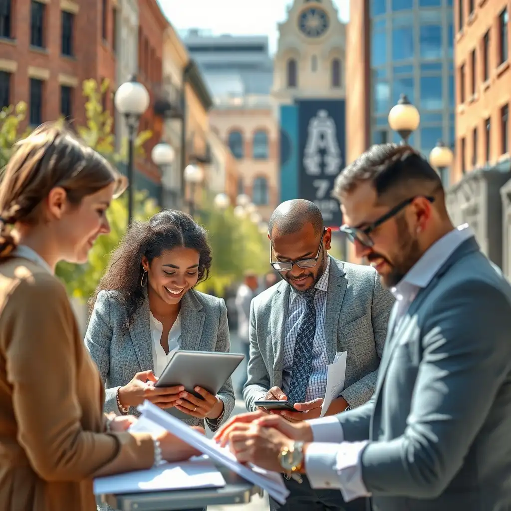 A diverse group of professionals engaged in verifying candidate education and licenses in a modern office setting, showcasing diligence and integrity.